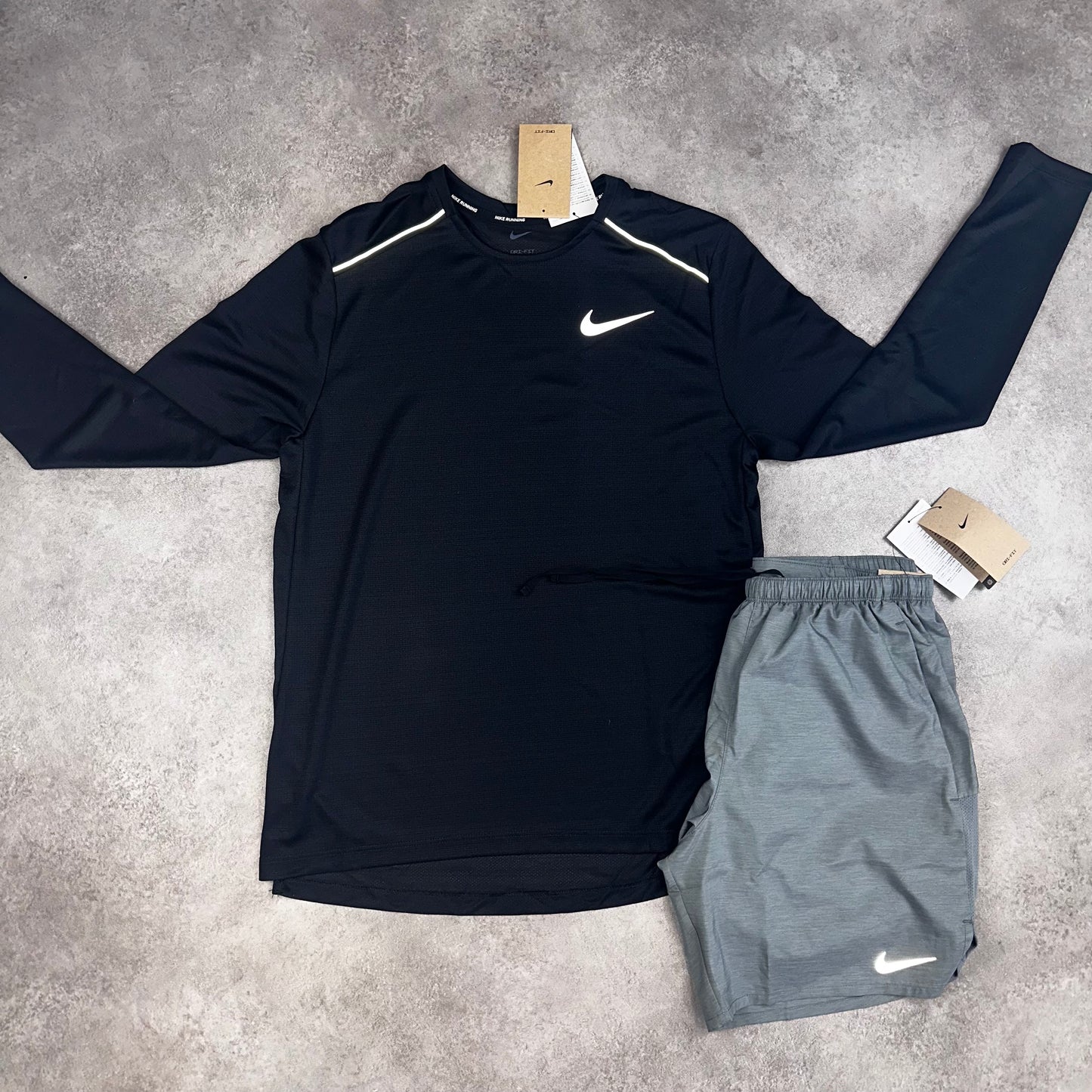 Nike Miler Black Long Sleeve & Challenger Shorts Grey