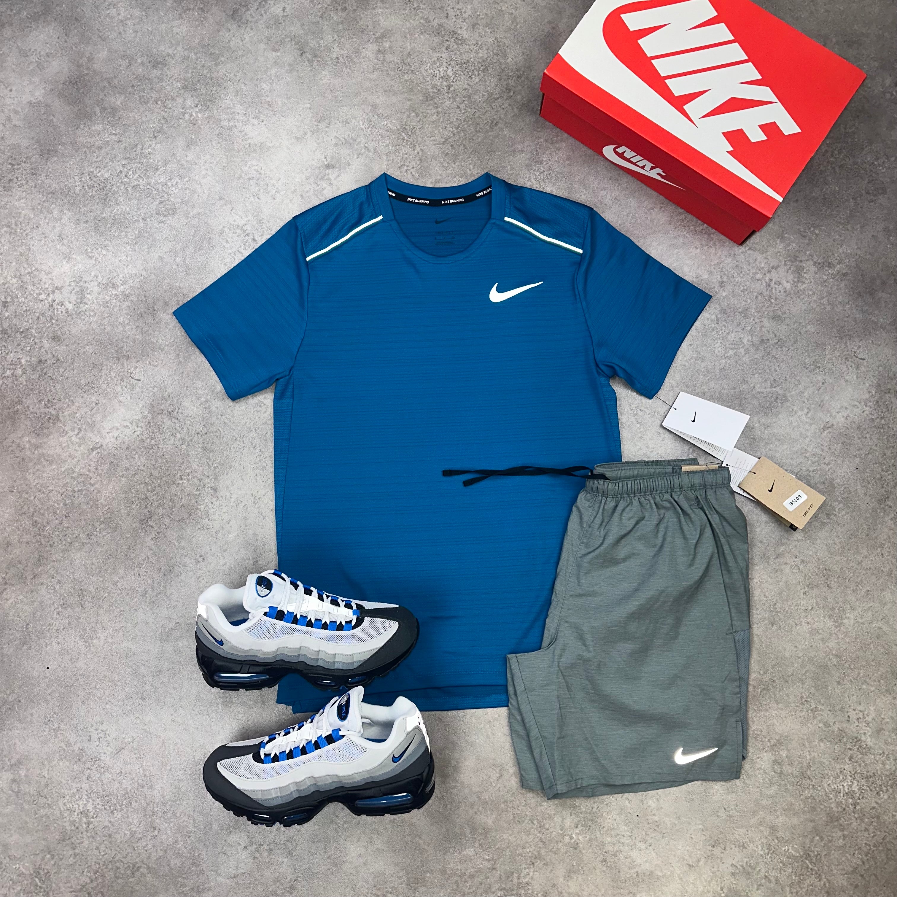 Nike Miler Green Abyss & Challenger Shorts Grey front view