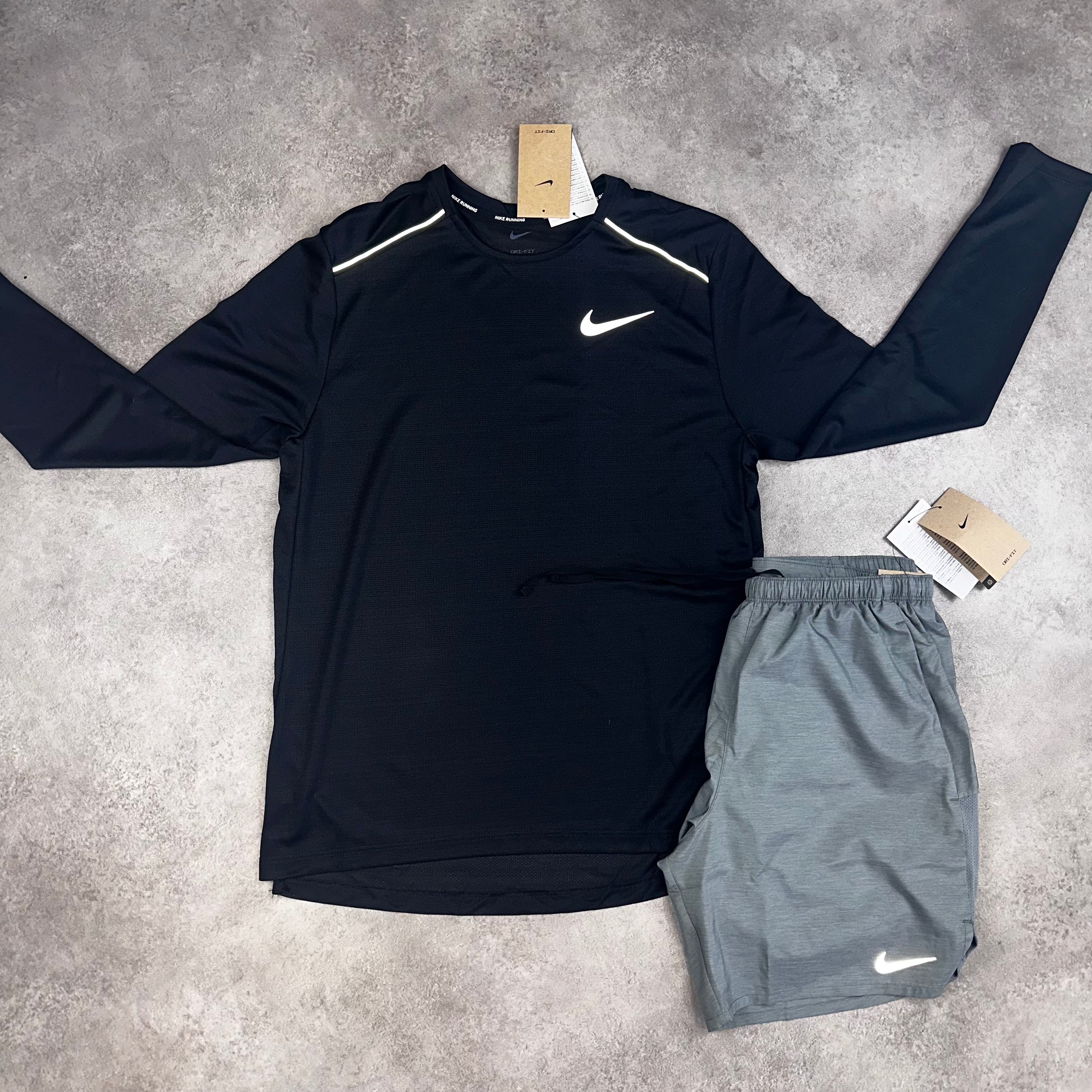 Nike Miler Black Long Sleeve & Challenger Shorts Grey front view