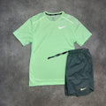 Nike Miler Vapour Green & Challenger Shorts Grey lateral side profile