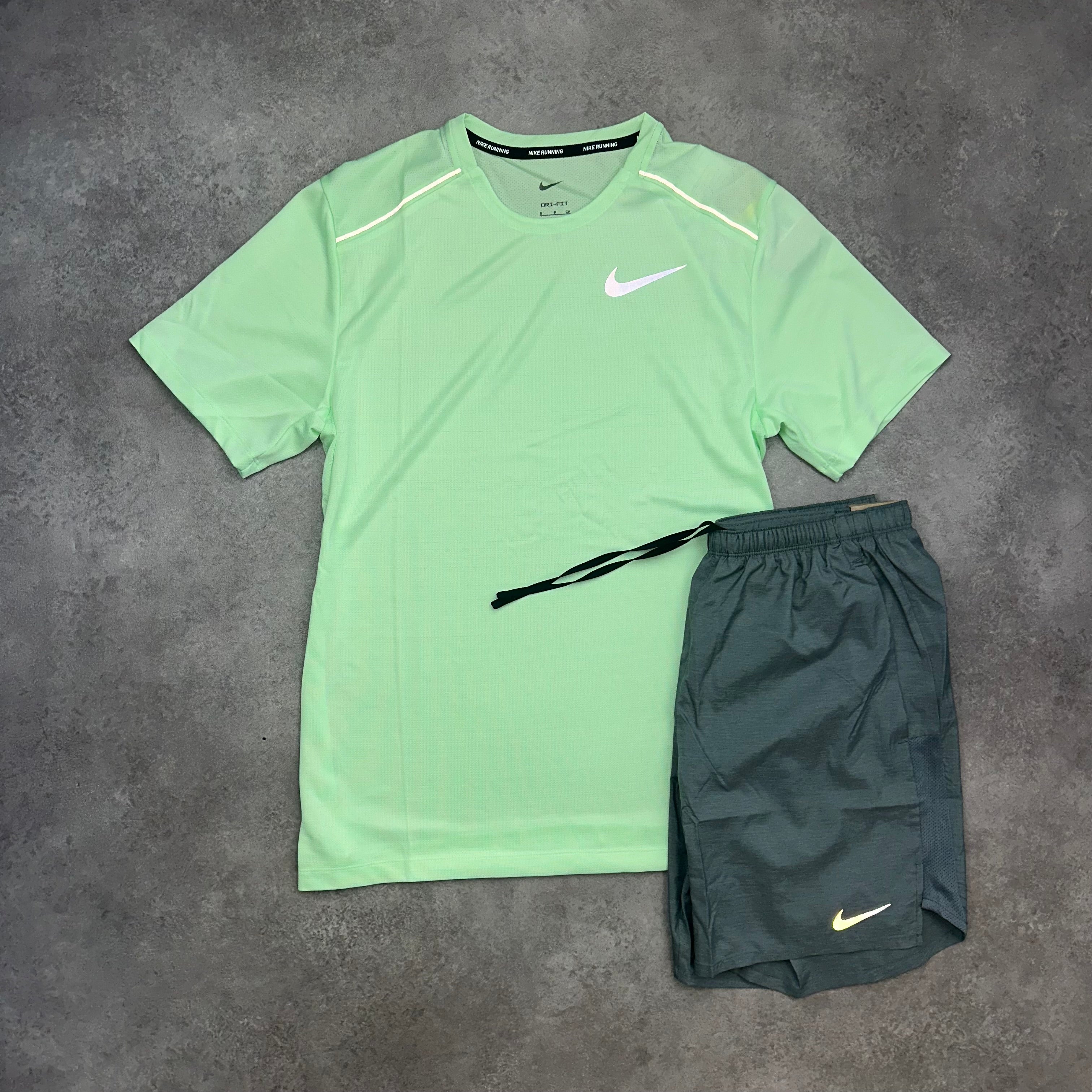 Nike Miler Vapour Green & Challenger Shorts Grey lateral side profile