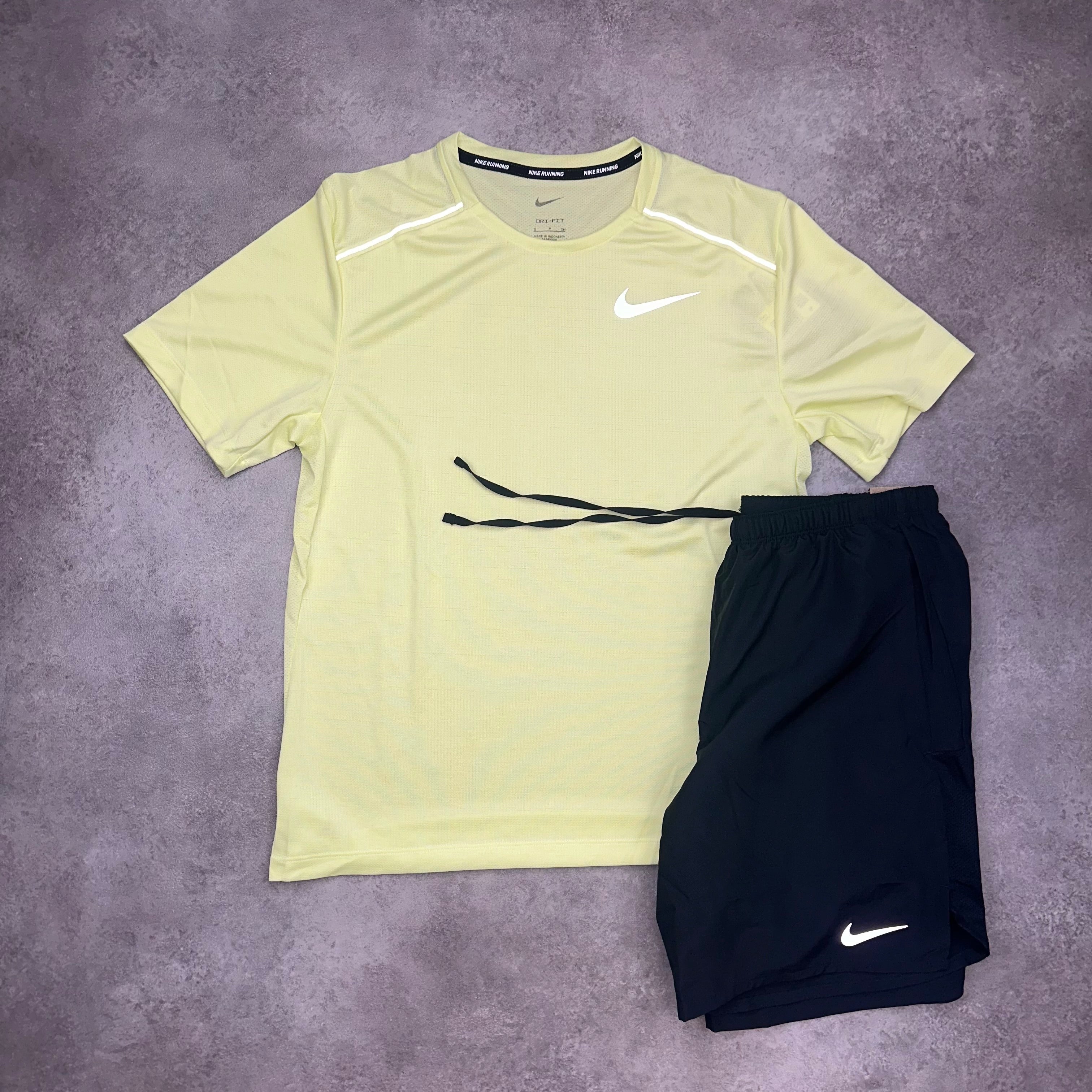 Nike Miler Luminous Green & Challenger Shorts Black front view