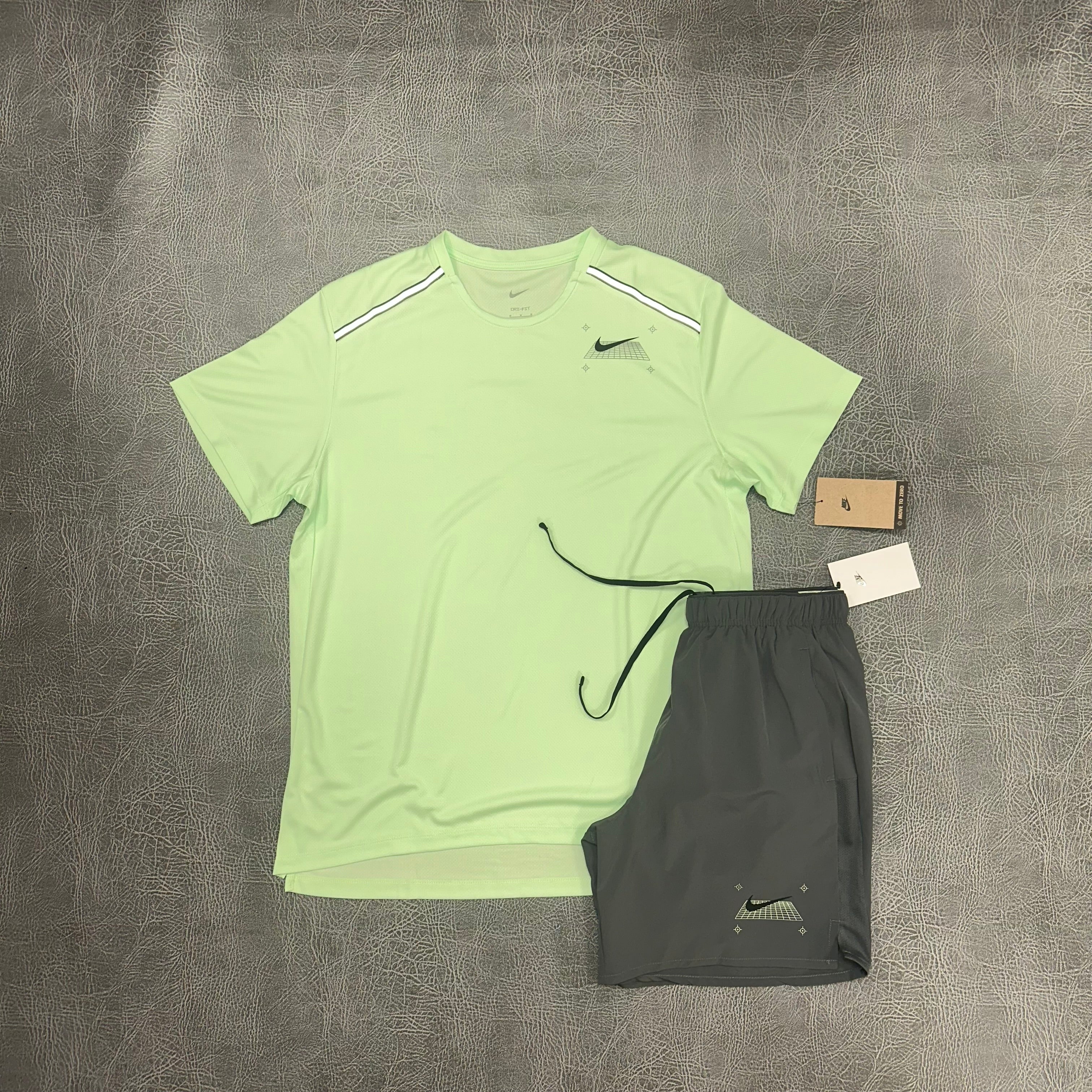 Nike Graphic Miler Vapour Green & Challenger Shorts Iron Grey