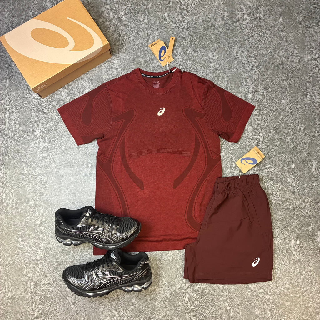ASICS Road Seamless T-shirt & Sport Run Shorts Dark Red Planet