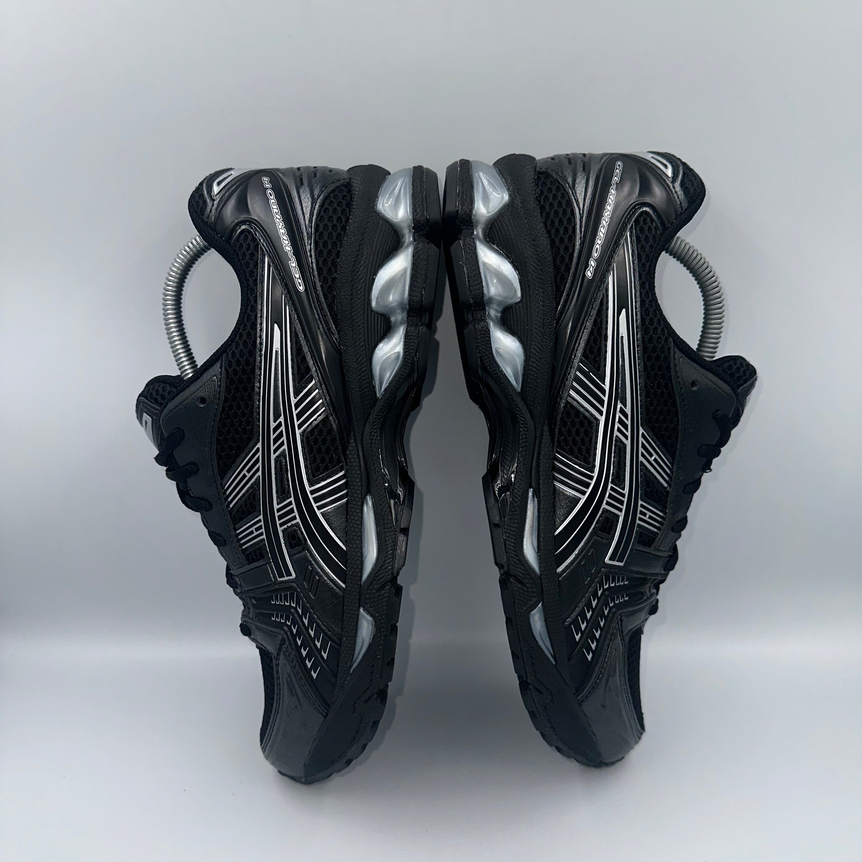ASICS Gel-Kayano 14 Black / Pure Silver UK 8.5 three-quarter front angle