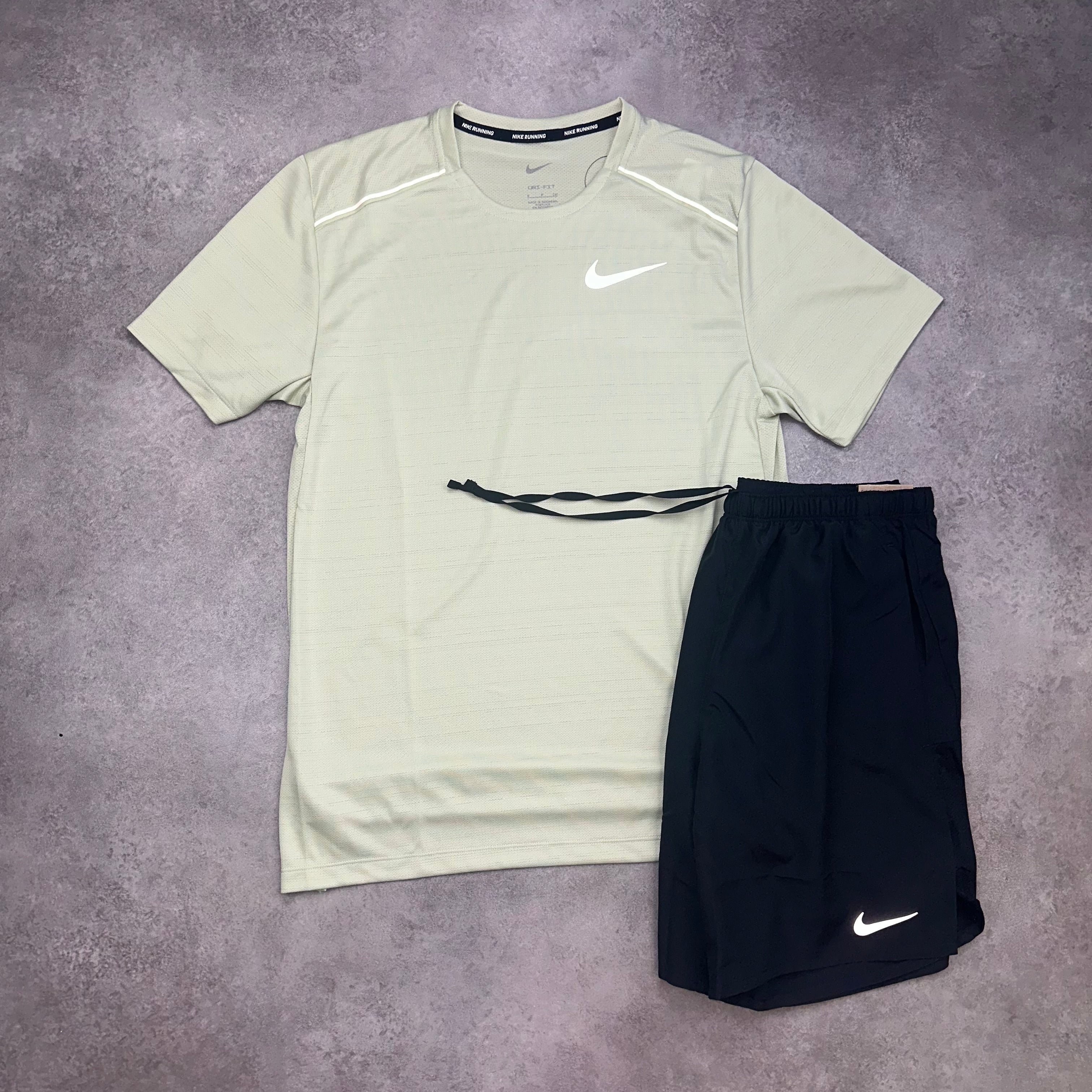 Nike Miler Light Olive & Challenger Shorts Black front view