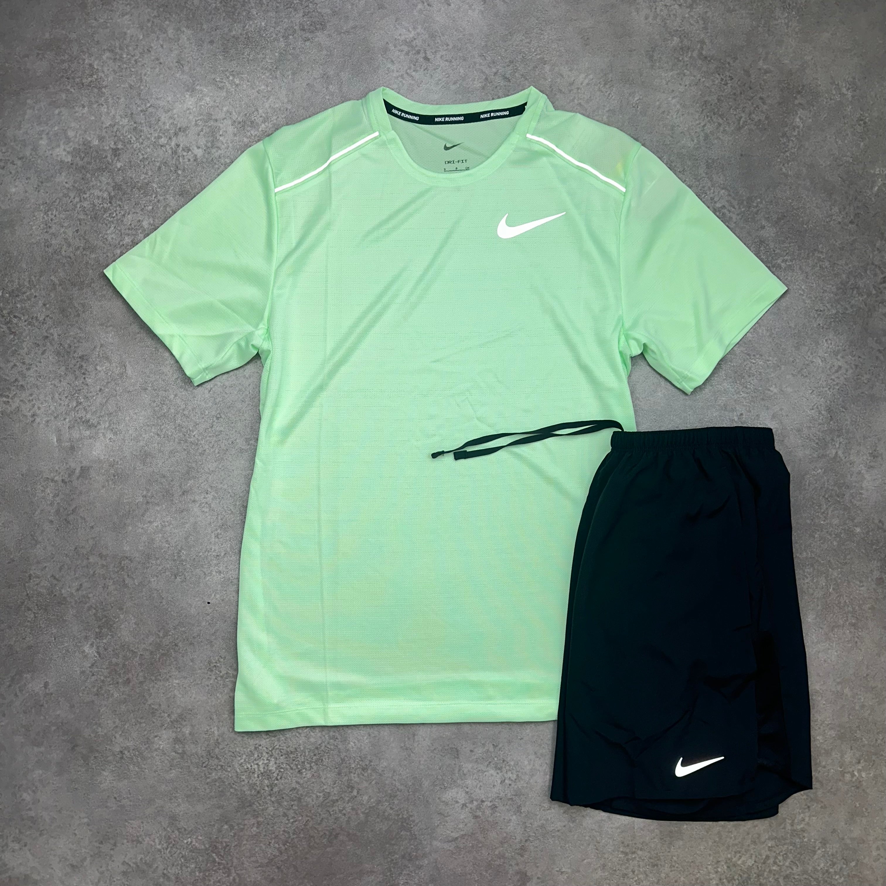 Nike Miler Vapour Green & Challenger Shorts Black lateral side profile