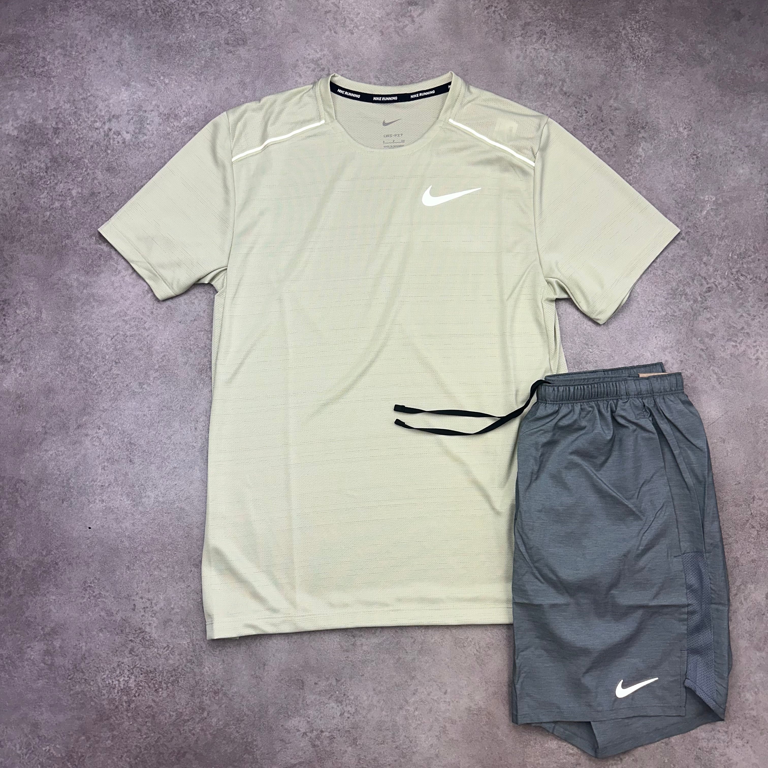 Nike Miler Light Olive & Challenger Shorts Grey front view