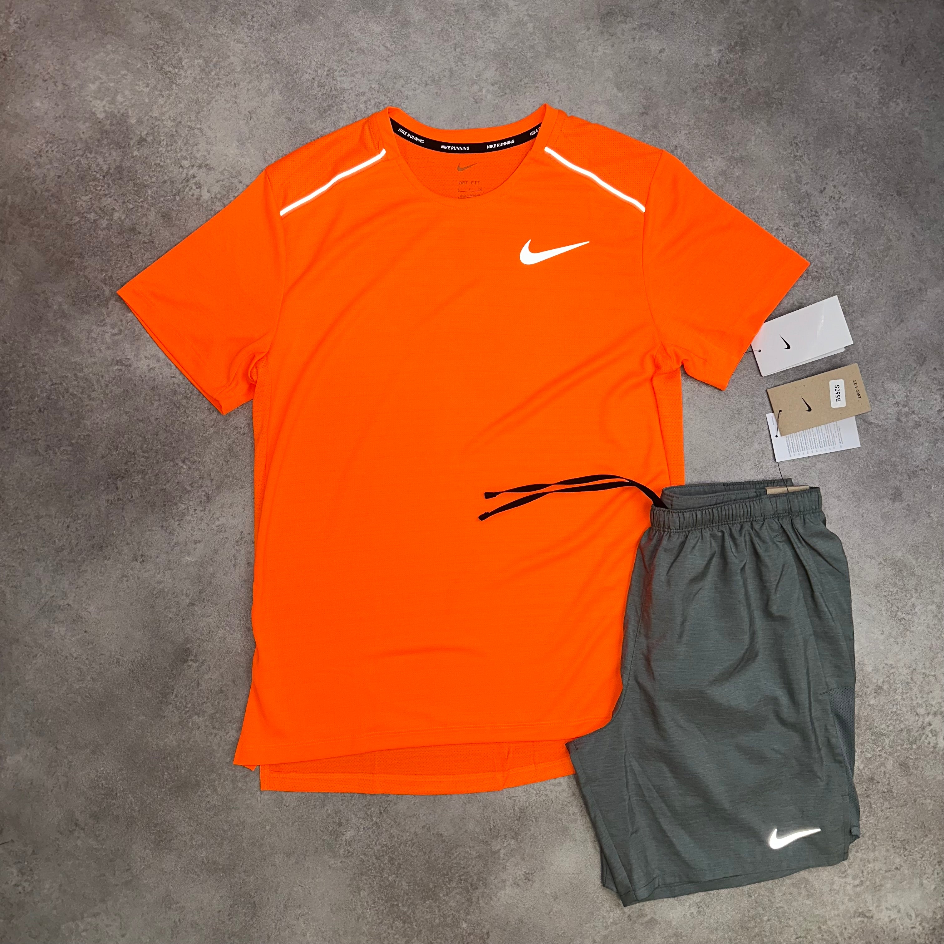 Nike Miler Total Orange & Challenger Shorts Grey back view