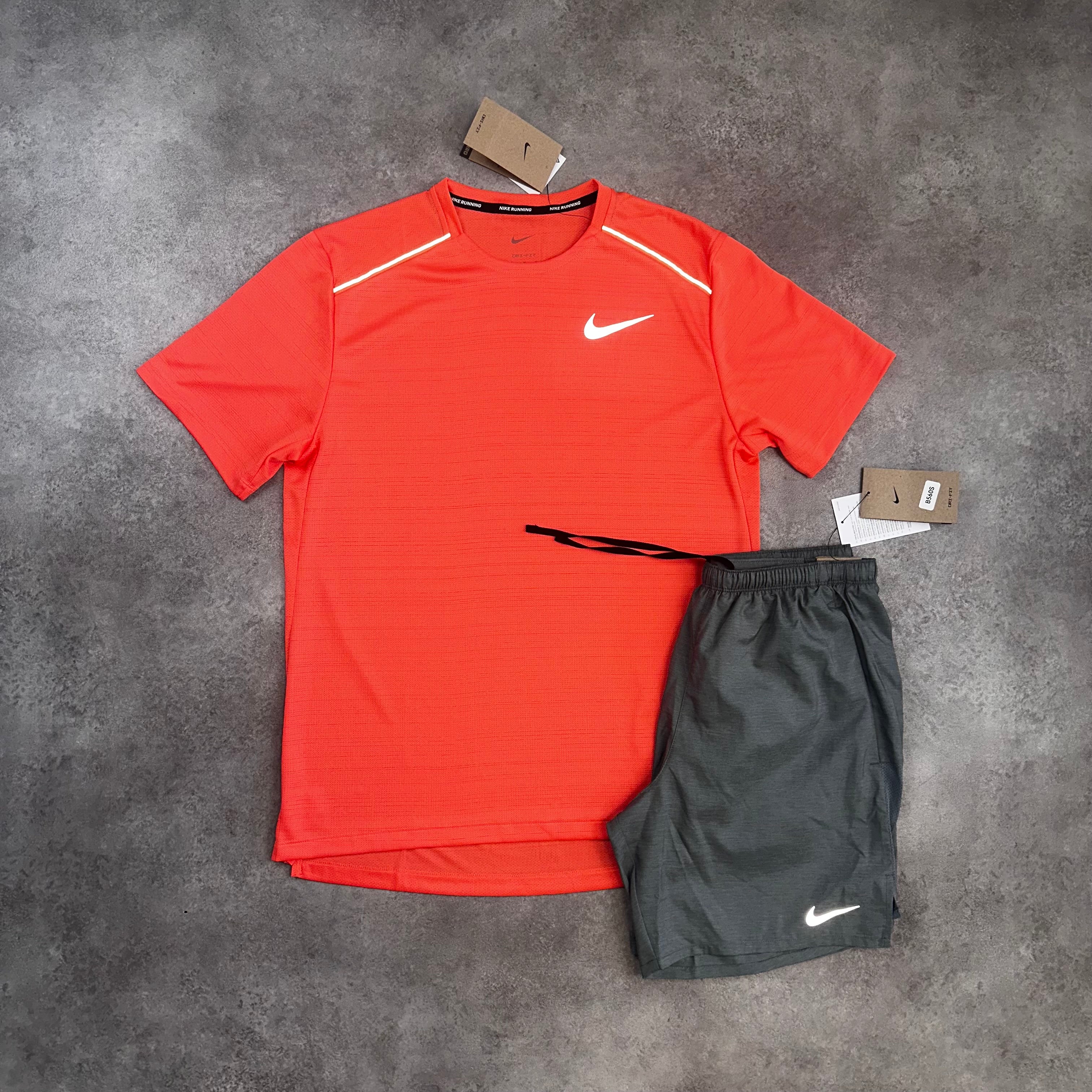 Nike Miler Wild Mango
 & Challenger Shorts Grey back view