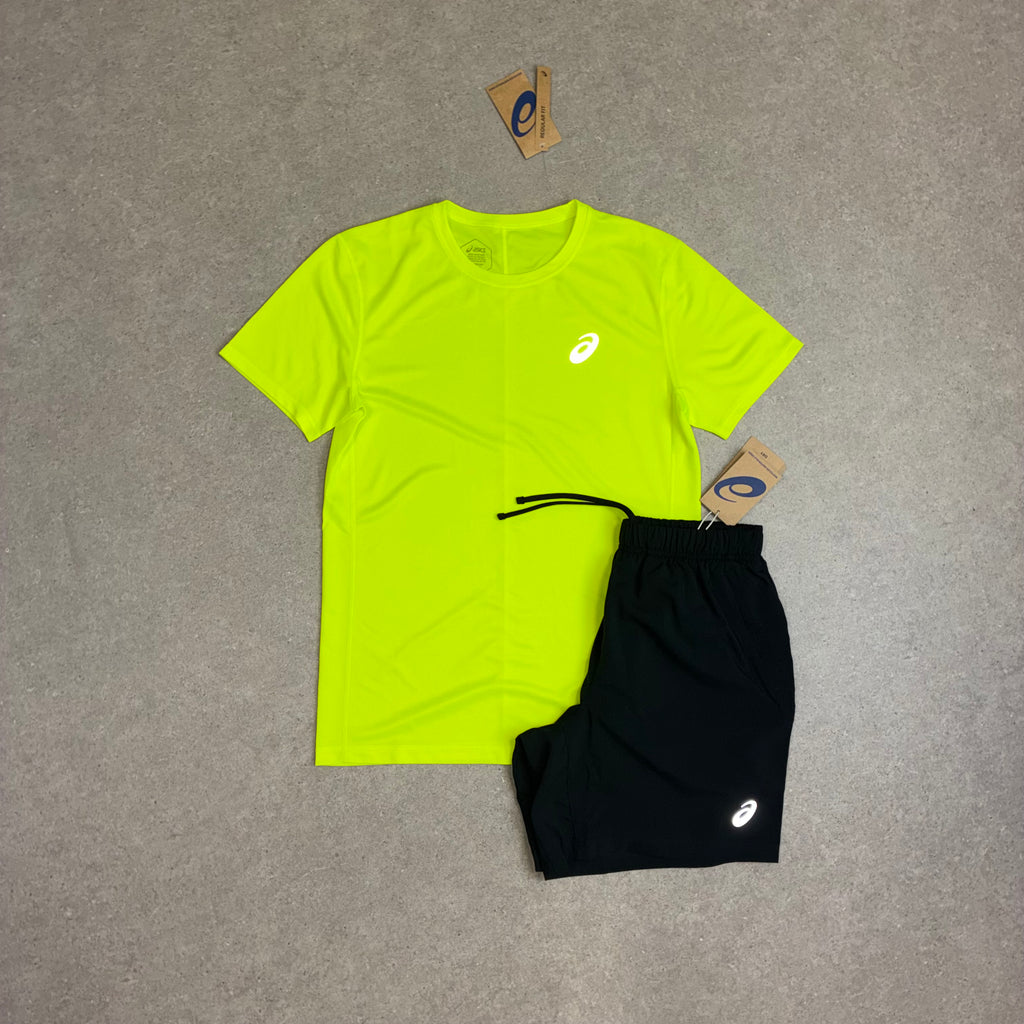 ASICS Core SS Top Safety Yellow & Sport Run Shorts Black