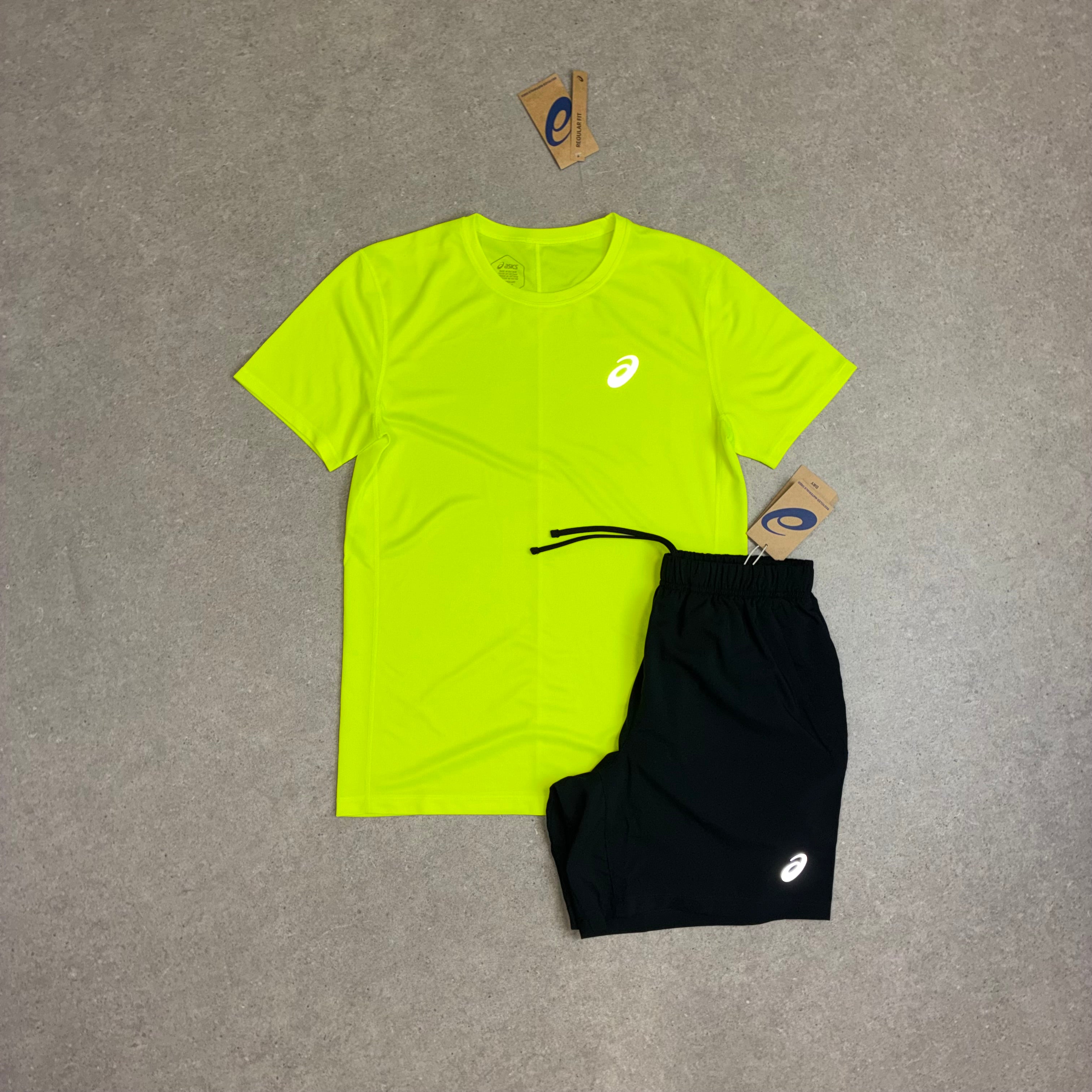 ASICS Core SS Top Safety Yellow & Sport Run Shorts Black