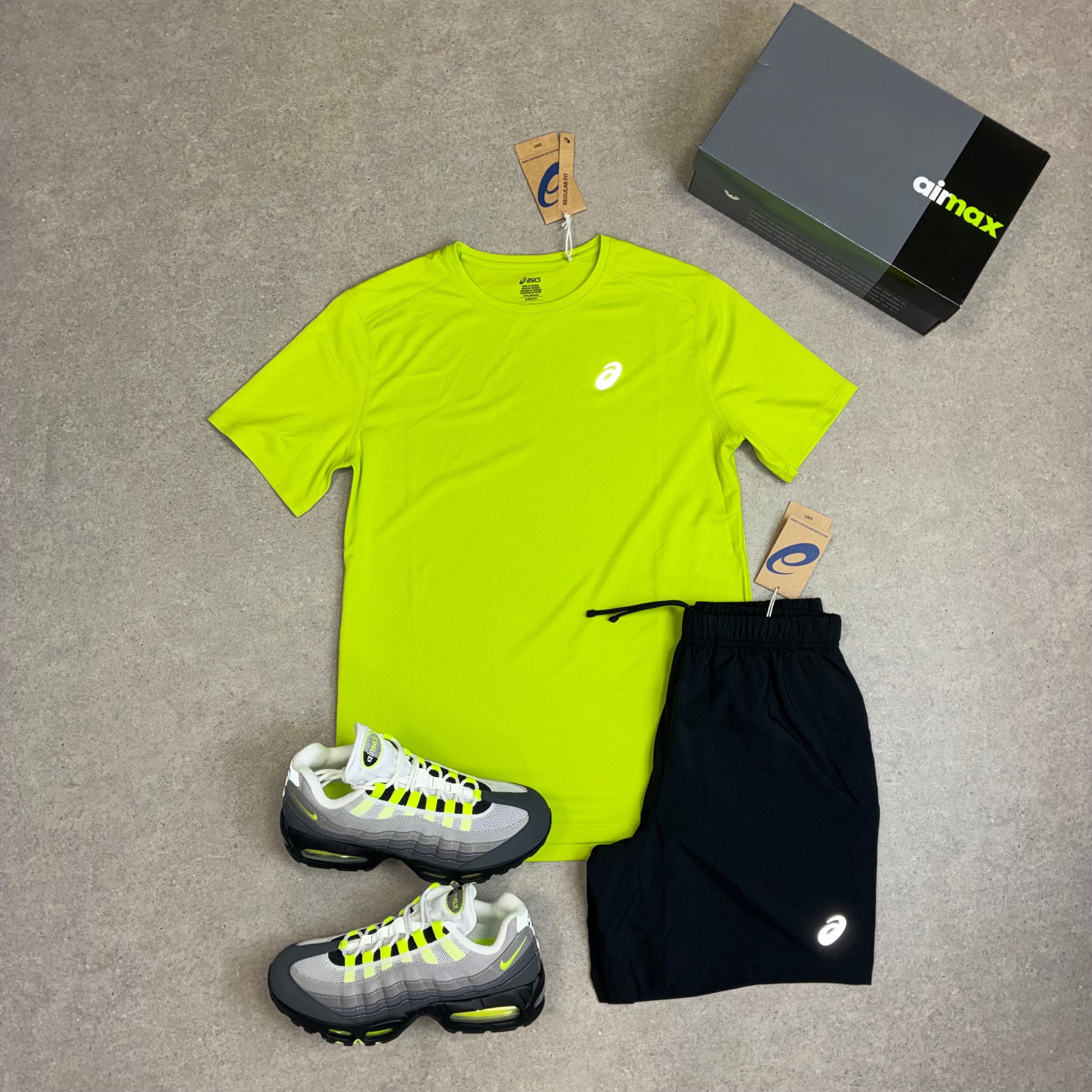 ASICS Core SS Top Neon Lime & Sport Run Shorts Black