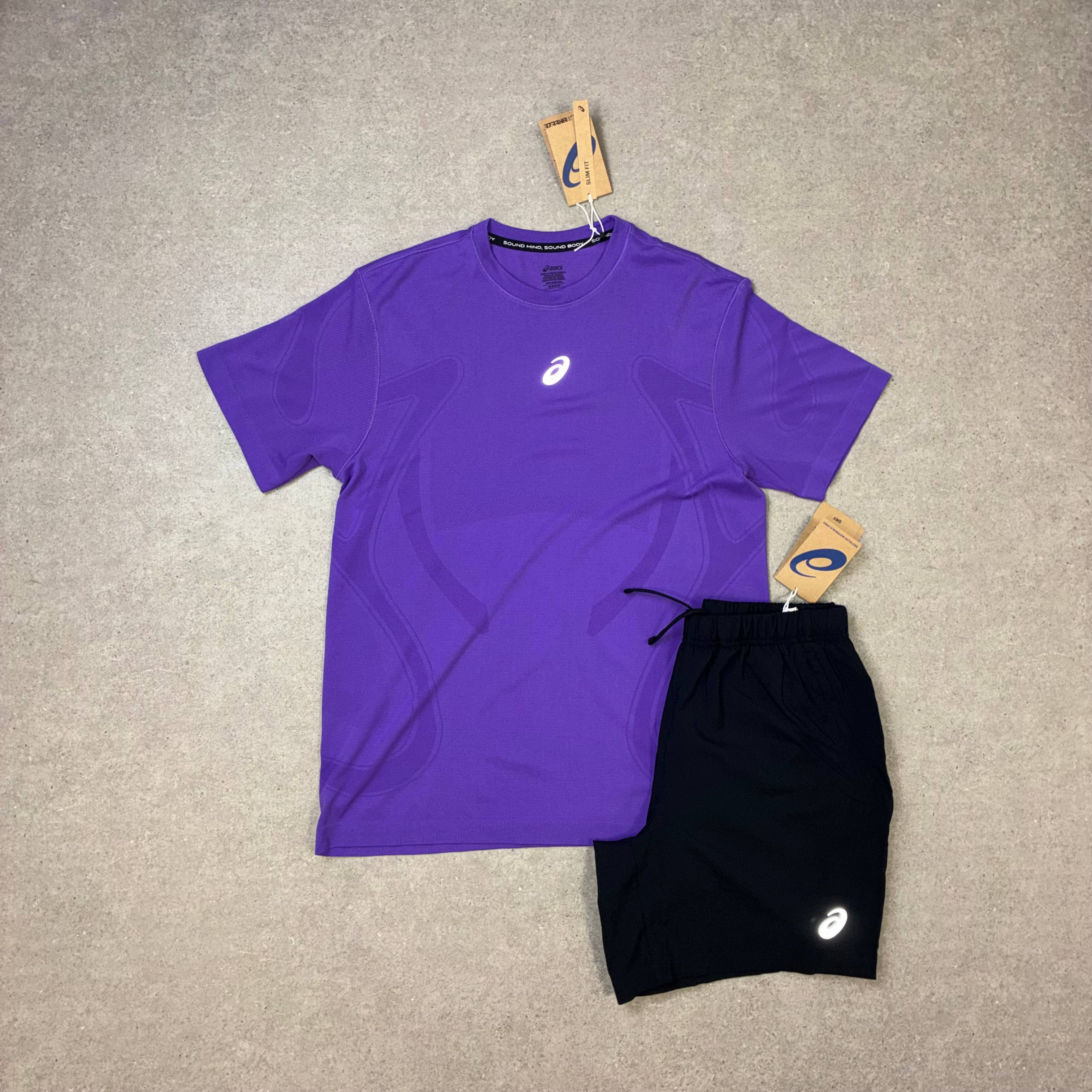 ASICS Road Seamless SS Edo Purple & Sport Run Shorts Black