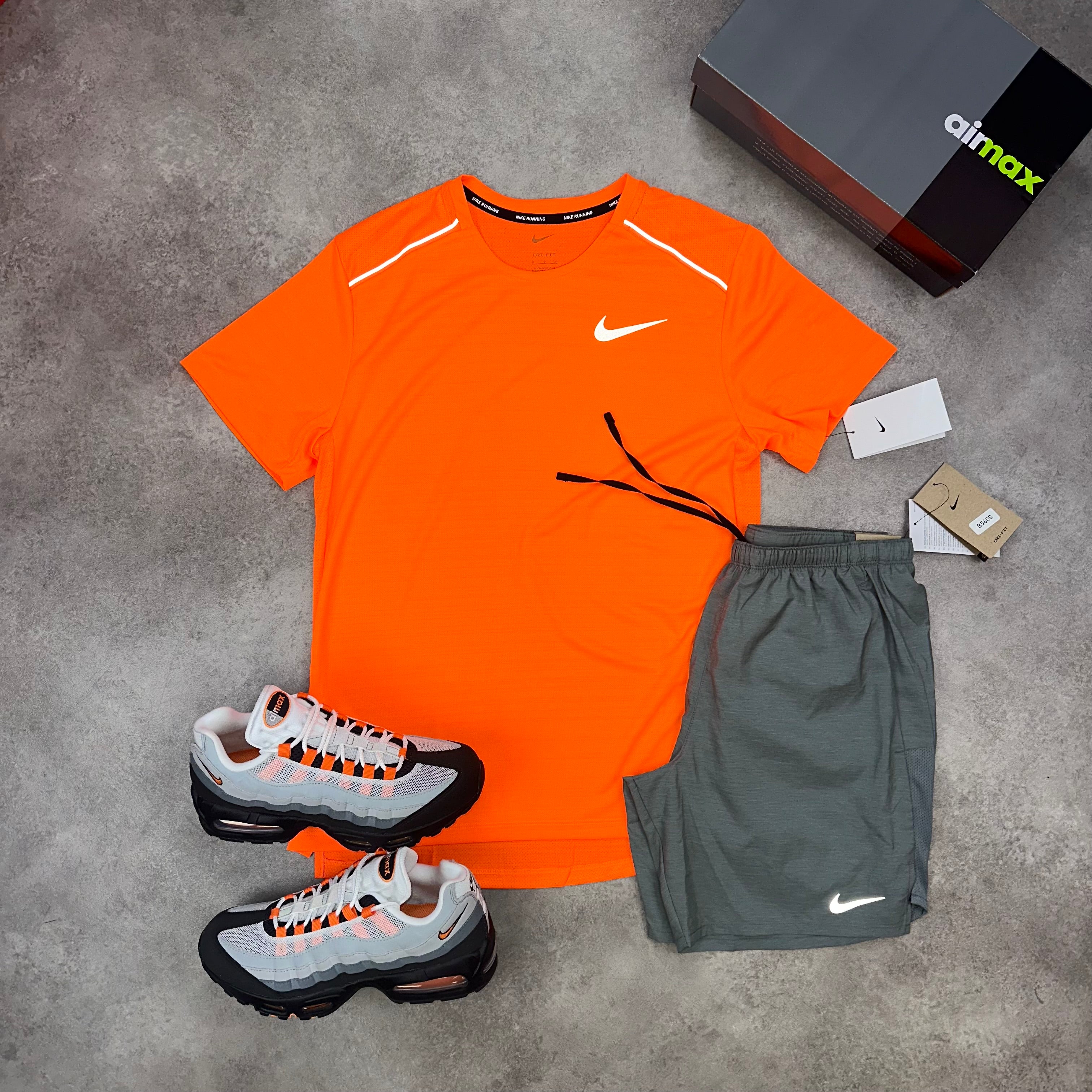 Nike Miler Total Orange & Challenger Shorts Grey front view