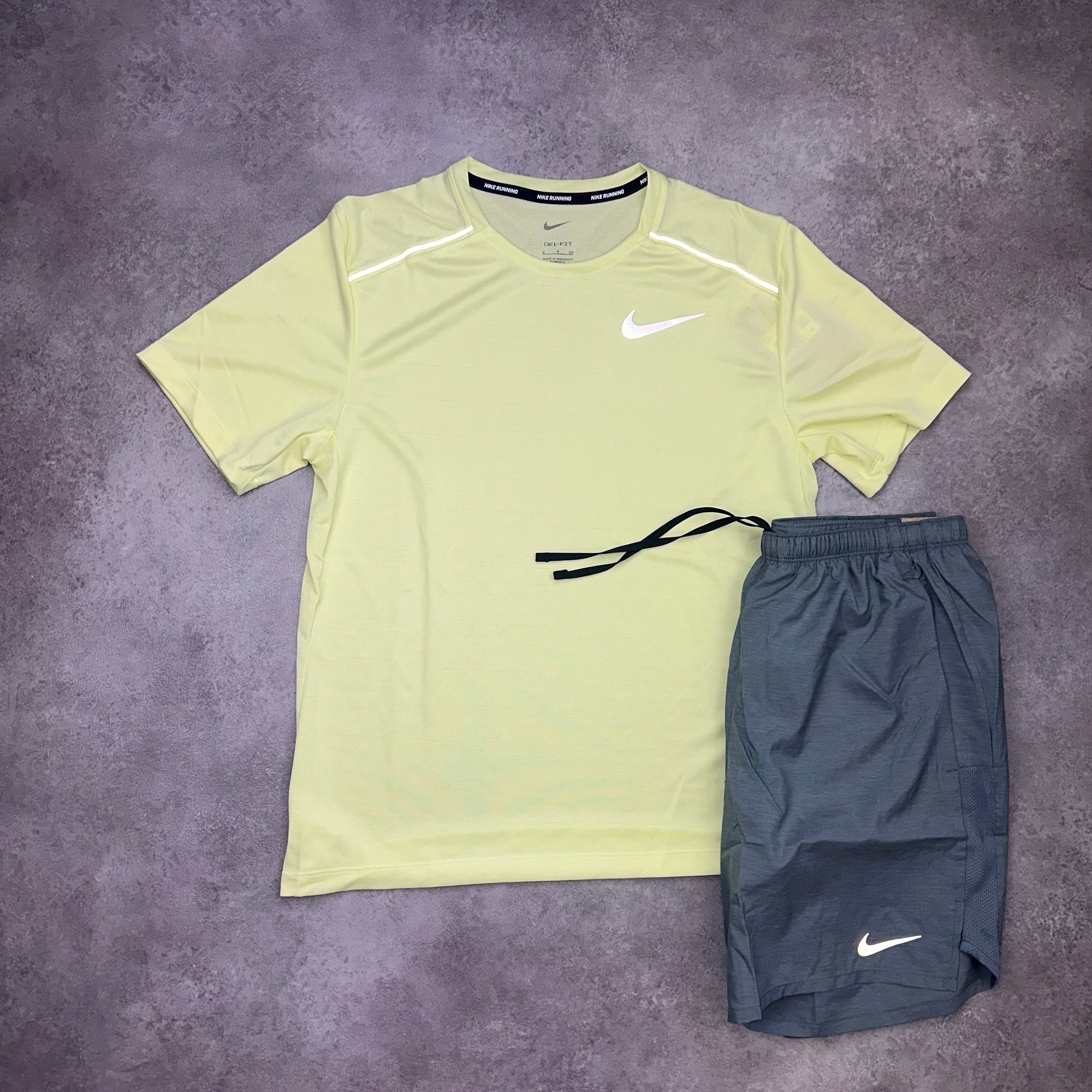 Nike Miler Luminous Green & Challenger Shorts Grey