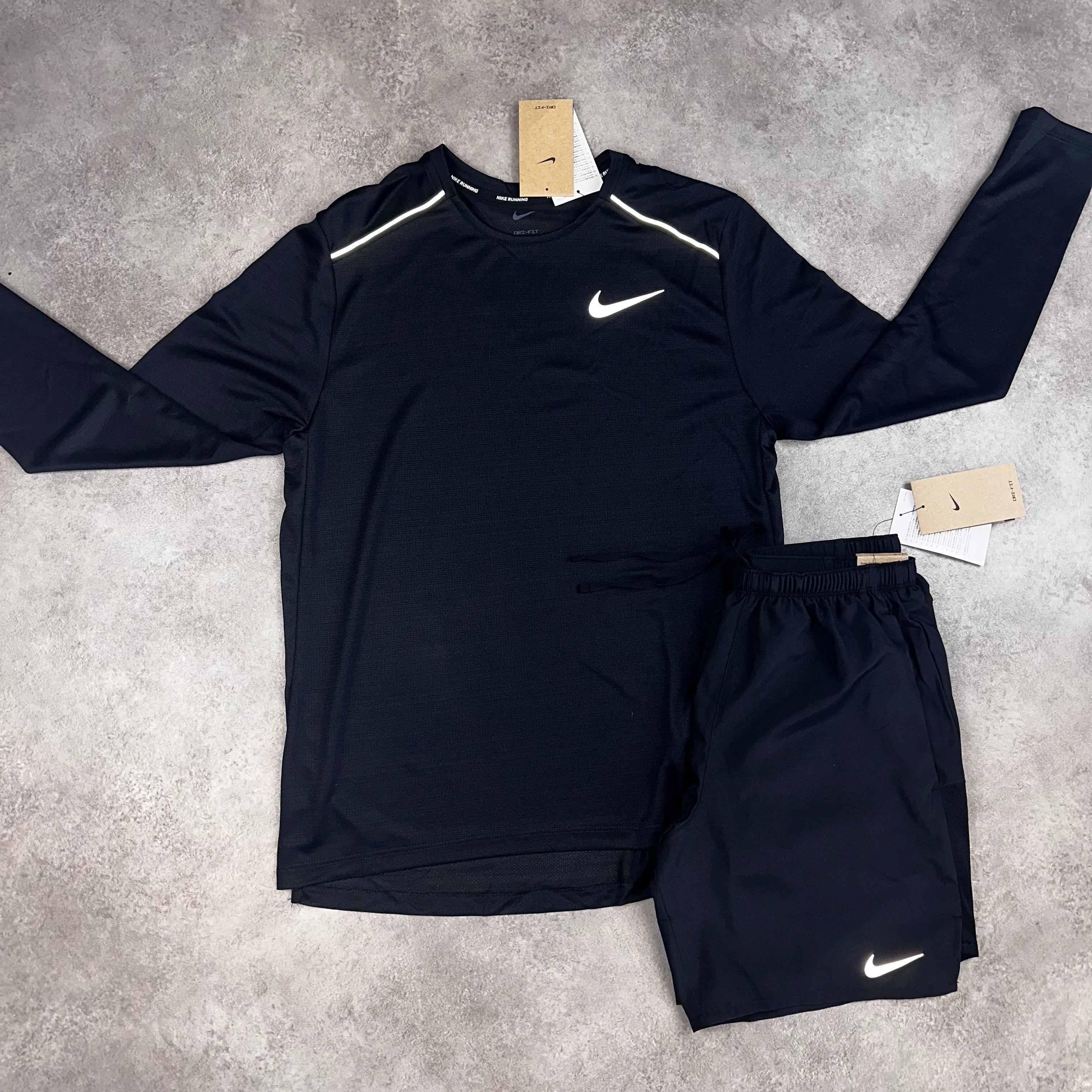 Nike Miler Long Sleeve & Challenger Shorts Black front view